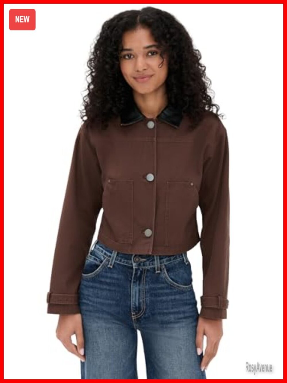 Cropped Canvas Jacket Faux Leather Trim Button Placket Casual